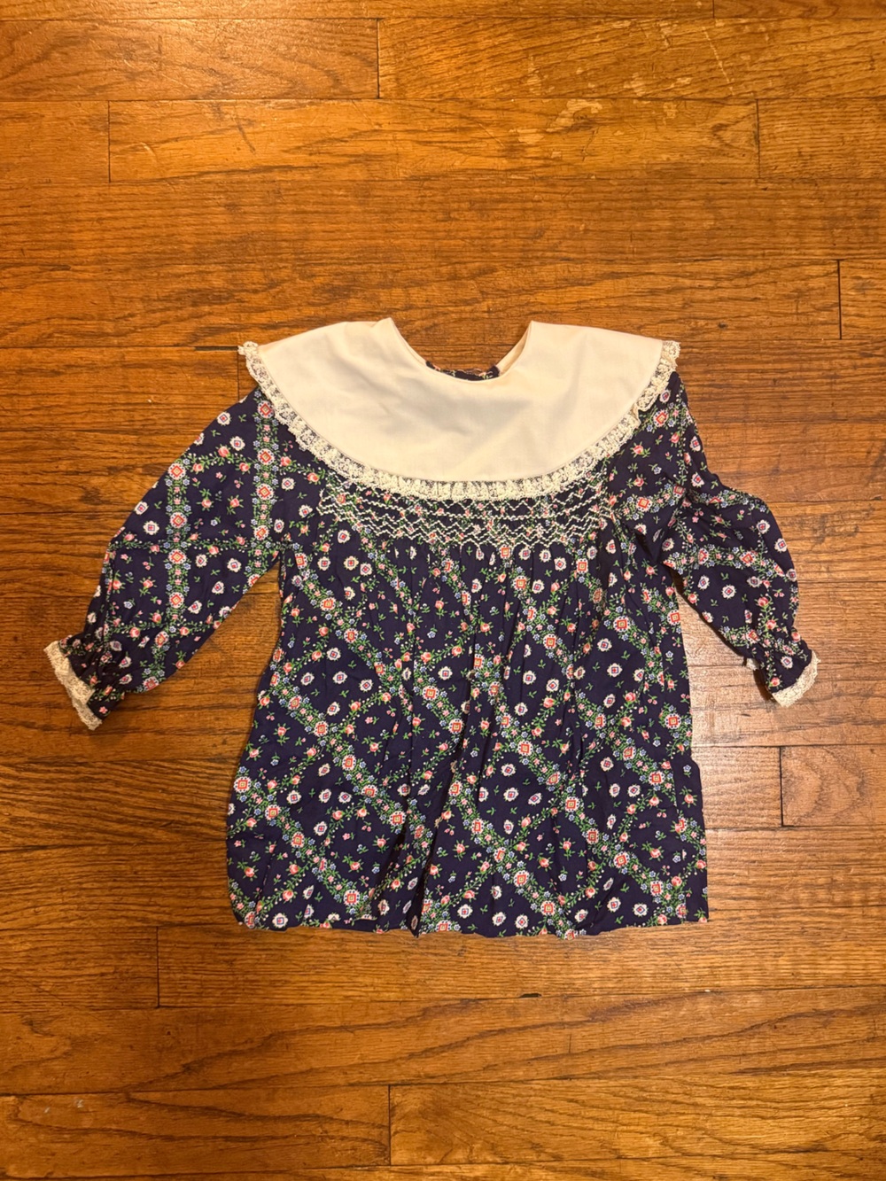 Vintage Navy Floral Smocked Peasant Top with White Collar - Kids